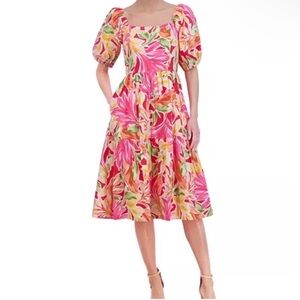 Vince Camuto Pink and Green Floral Midi Dress